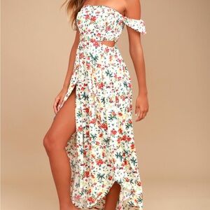 Lulus Easy on the Eyes Cream Floral Print Off-the-Shoulder Maxi Dress